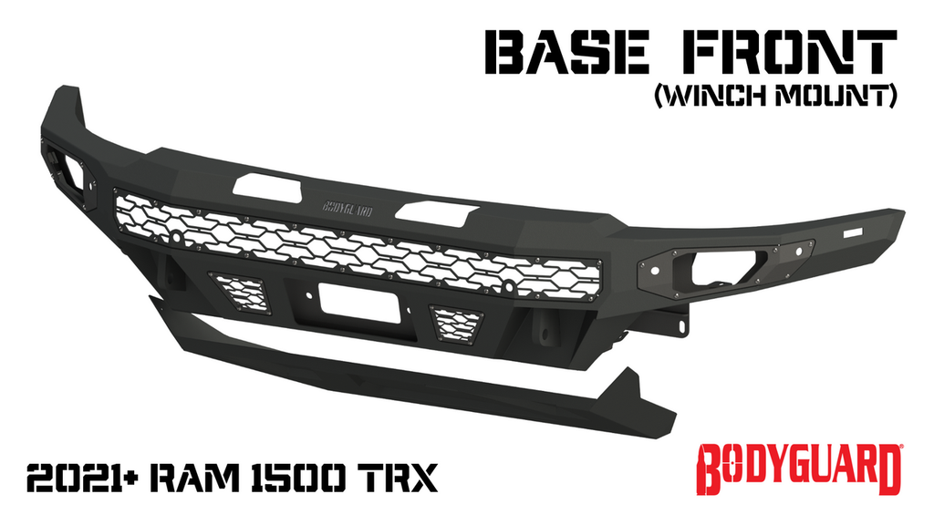 Freedom Front Bumper Base For 2021-2024 Ram 1500 TRX Winch Mount Sensor Cutouts Without Mesh Grill No Camera Harness Texture Black Powdercoat Bodyguard Bumpers