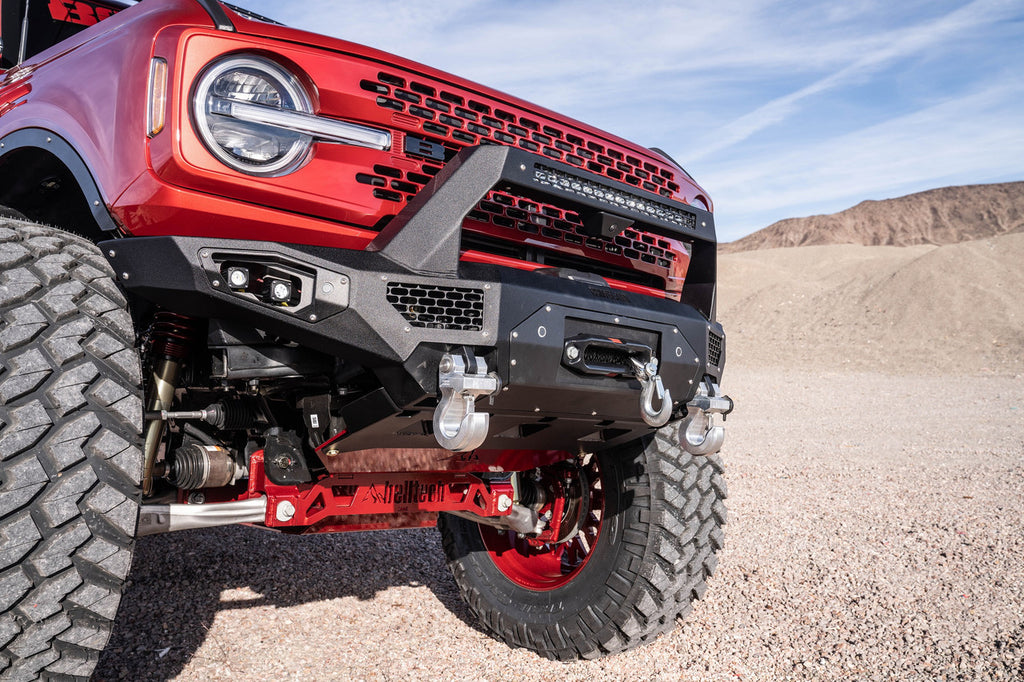 Freedom Front Bumper Baja For 2021-2025 Ford Bronco Winch Mount Sensor Cutouts With Camera Harness + Pod Texture Black Powdercoat Bodyguard Bumpers