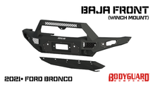 Load image into Gallery viewer, Freedom Front Bumper Baja For 2021-2025 Ford Bronco Winch Mount Sensor Cutouts With Camera Harness + Pod Texture Black Powdercoat Bodyguard Bumpers