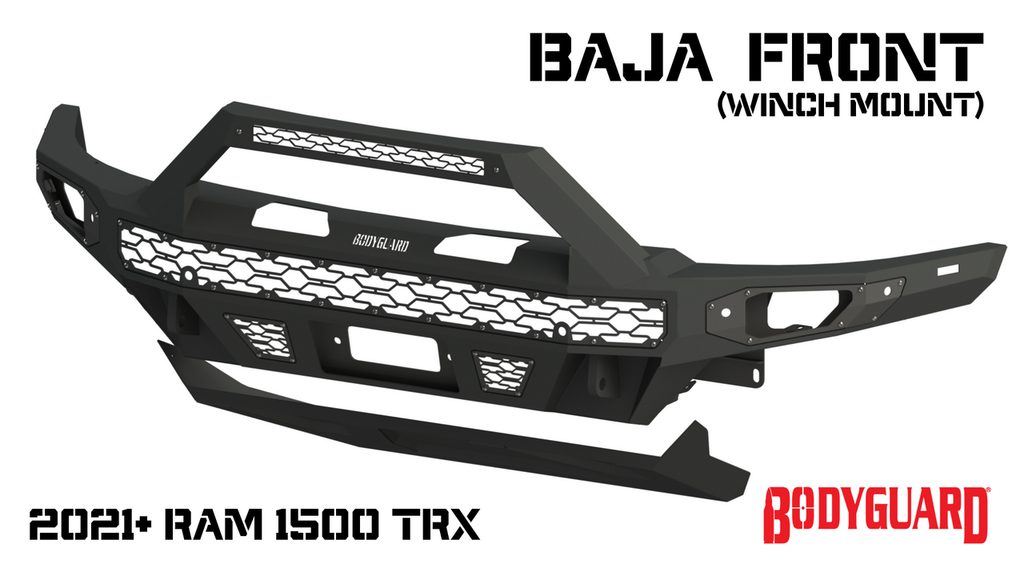 Freedom Front Bumper Baja For 2021-2024 Ram 1500 TRX Winch Mount Sensor Cutouts Without Mesh Grill With Camera Harness & Pod Bare Metal Bodyguard Bumpers