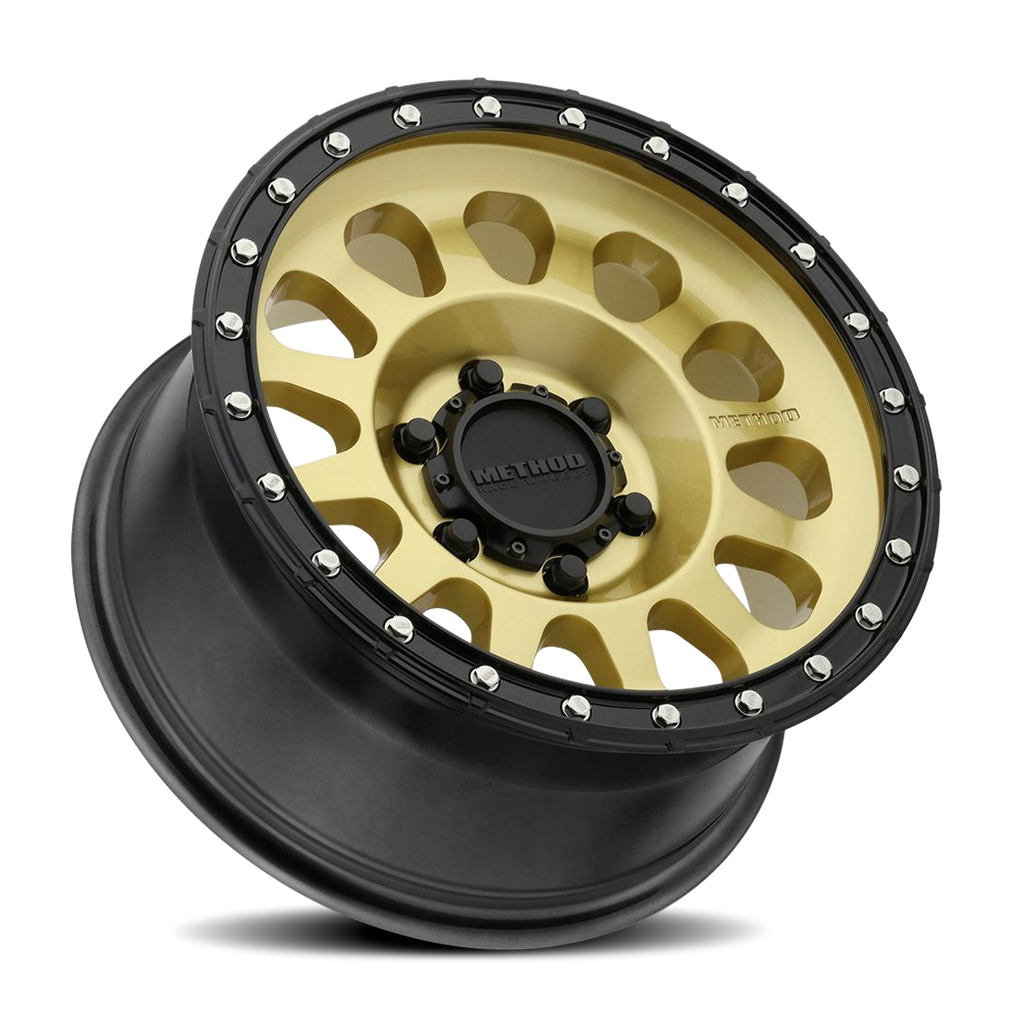 Aluminum Wheels 20x10 MR315 Bolt Pattern 6 On 139.7 Offset -18 Lip Size 3.27 Gold GD Black Street Loc Method