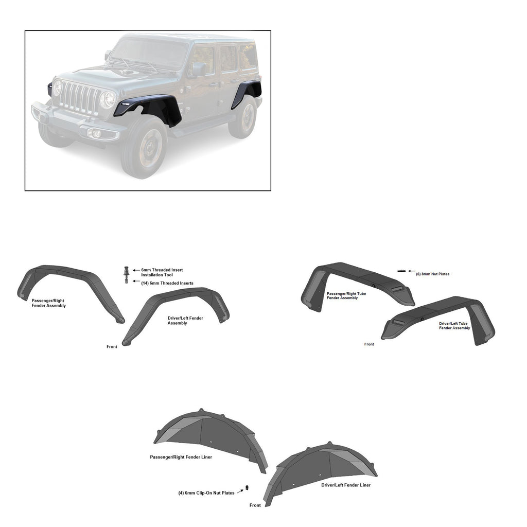 Black Horse Off Road TFFJ-FS Full Set Tubular Fender Flares & Inner Fender Flares Liners - Front & Rear
