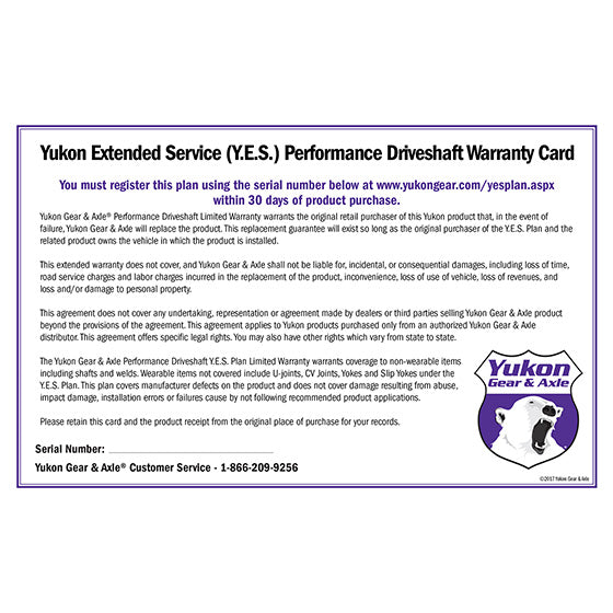 Yukon Gear and Axle YESDS Yukon Gear YESDS Yukon Extended Service plan for Performance Driveshaft