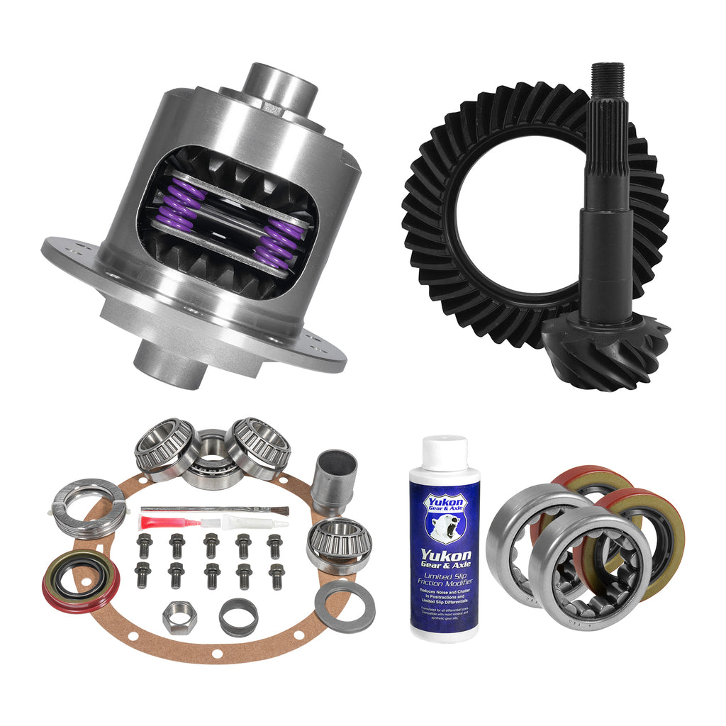 Yukon Gear and Axle YGK2327 Kit contains a ring and pinion set, positraction unit, and installation parts
